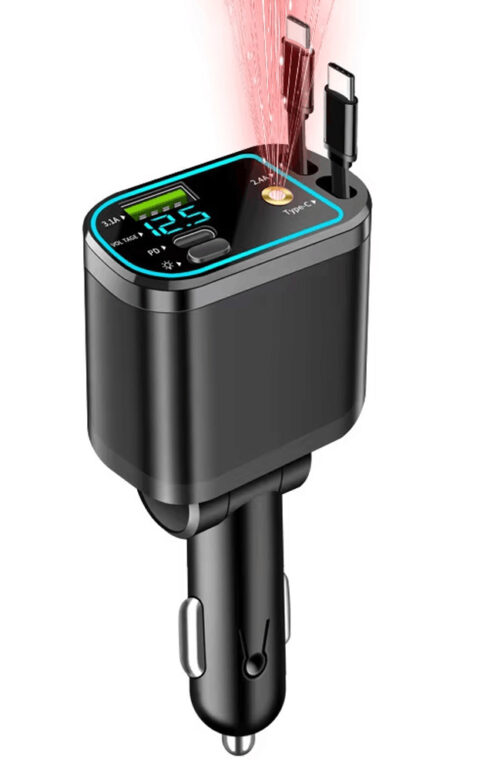 Retractable Fast Car charger. Type C & iphone cables.