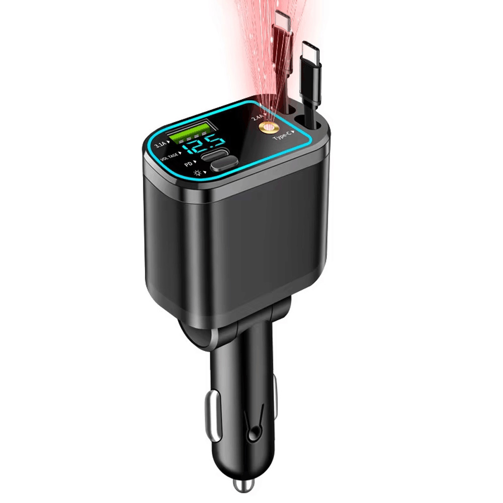 Retractable Fast Car charger. Type C & iphone cables.